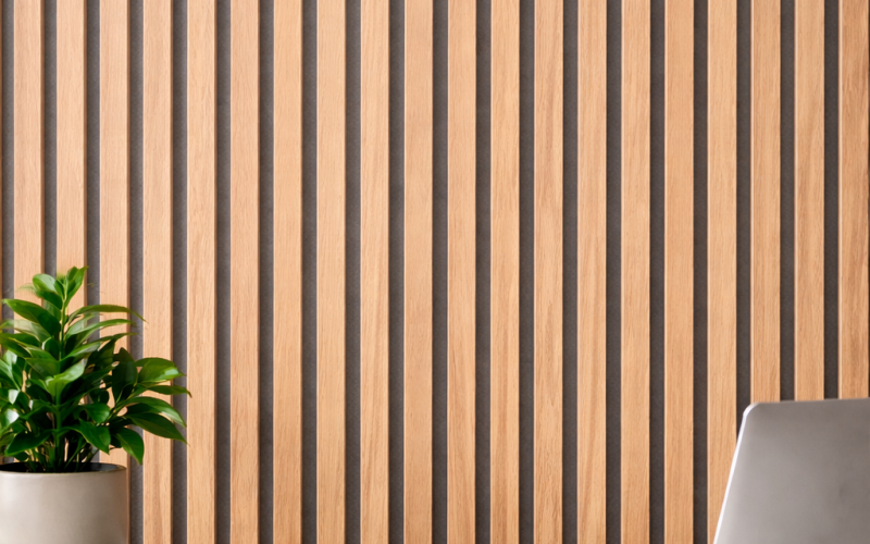 Wood slat panels with grey felt in between, flat, trapazoid panels